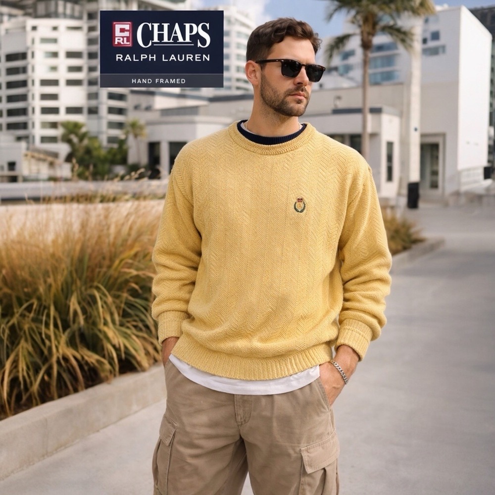 Chaps Ralph Lauren Yellow Herringbone Knit Cotton Crewneck Sweater‎ L AG1